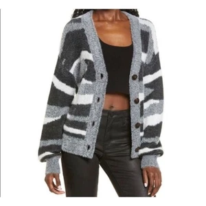 Leith Black Gray Zebra Knitted Jacquard V Neck Button Up Cardigan Sweater XS New - Picture 1 of 15