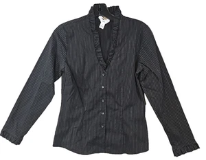 Talbots Blouse Size 2 Petites Black Stretch Ruffled V-neck button Up long sleeve - Picture 1 of 10