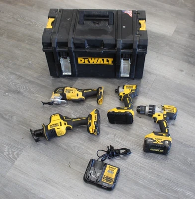 DeWalt 4pc 20V Combo Drill, Impact, Recip Saw, Multi-tool 6AH + 2 Batt, Tool Box - Image 1 of 4