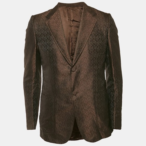 Gucci Blazer monopetto jacquard marrone a punta di cavallo L