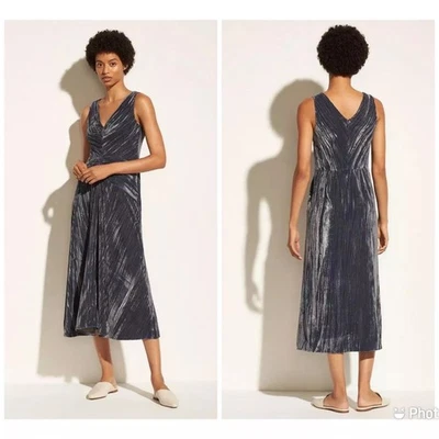 NWT Vince V-Neck Pleated Velvet Dress 8 Blue Ruched Sleeveless  - image 1 of 4