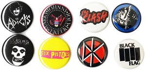 80's Punk Bands - Misfits Black Flag Sex Pistols 1" inch Button Set x8 Lock Pin - Picture 1 of 2