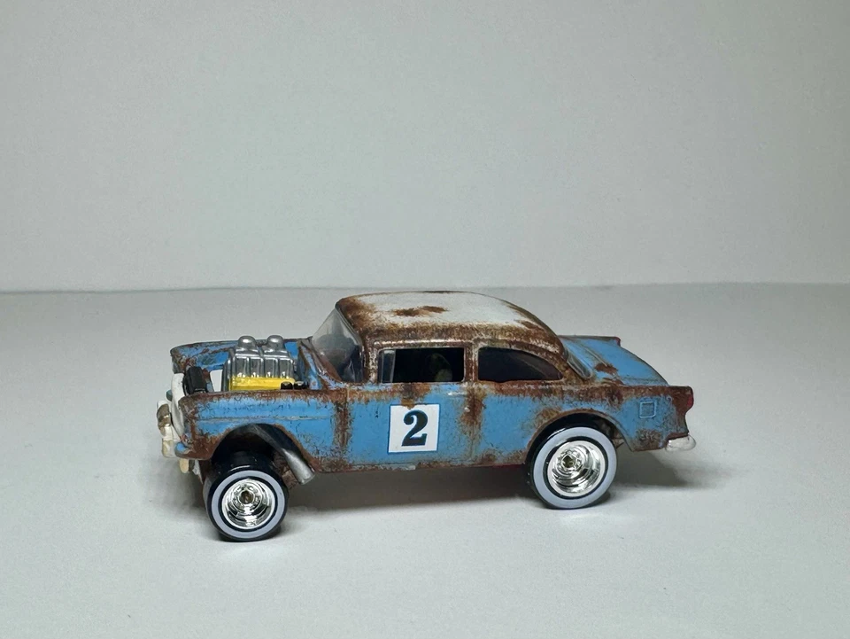 Custom Hand Painted Green Hot Wheels 55 Chevy Gasser Rat Rod W/Real Riders - Image 1 of 4