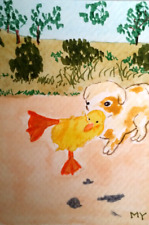ACEO Original - Puppy Carrying Baby Duck Watercolor 2.5 x 3.5 Signed by MY