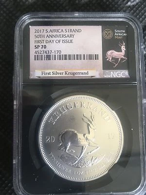2017 SOUTH AFRICA SILVER KRUGERRAND NGC SP70 FIRST DAY ISSUE 50TH ANNIVERSARY - Image 1 of 3