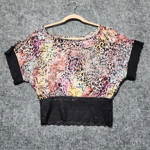 Bongo Top Womens Large Multi Color Animal Print Boatneck Blouse Lace Trim - Picture 1 of 7