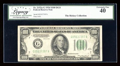 DBR 1934 $100 DGS FRN Chicago Fr. 2152-Gdgs Legacy XF-40 Serial G05637387A - Image 1 of 2