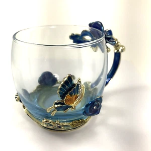 Taza de té de vidrio mariposa flores esmalte metal ornamentado ARC de Francia 32CL - Imagen 1 de 6