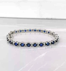 12.00Ct Oval Cut Natural Sapphire Diamond Line Tennis Bracelet 14K White Gold - Picture 1 of 2