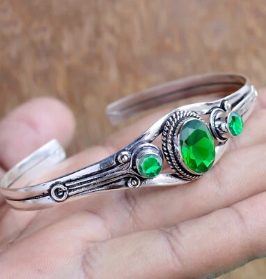Chrome Diopside Green Gemstone Bracelet 925 Sterling Silver Stylish Jewelry Cuff - Image 1 of 4