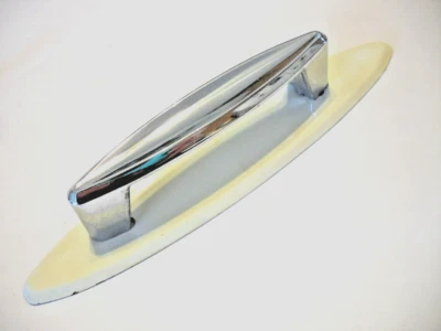 Vintage  Chrome Concave Drawer Pull Cabinet Door Handle w White Backplate Ajax - Image 1 of 4