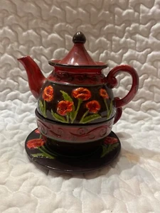 Bella Casa by Ganz Tea For One Red Poppies Stackable Teapot & Cup 4 Piece Set - Picture 1 of 7
