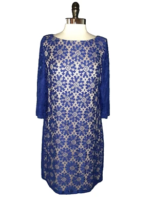 JESSICA HOWARD Size 12 Shift Dress Blue Floral Lace Beige Lining 3/4 Sleeve - Image 1 of 4