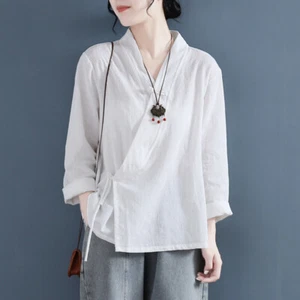Mujeres Chino Cuello en V Algodón Lino Informal De Colección Hanfu Retro Tang Traje Abrigo de Té - Imagen 1 de 23