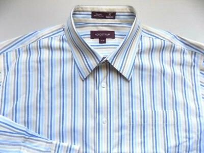 Camisa de vestir NORDSTROM para hombre 17-35 azul amarillo marrón patrón de rayas manga larga Foto 1 de 4