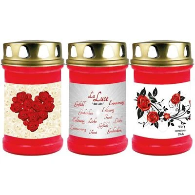 HSCANDLE Grabkerze Rot mit Motiv Rose 48h Grablicht Grabkerzen Grabschmuck Grablichter