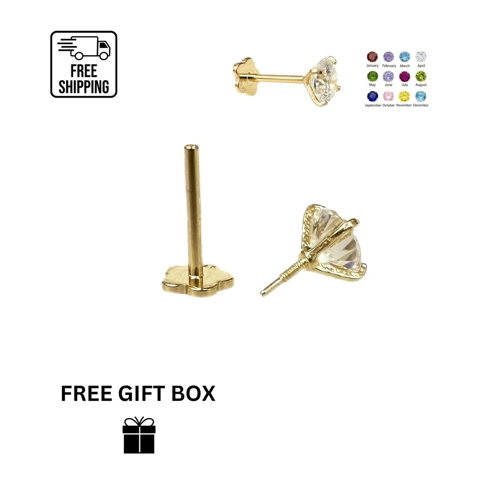 Pendiente de barra de cartílago de piedra de nacimiento redonda de circonita cúbica de oro amarillo de 14 quilates con parte posterior de tornillo Foto 1 de 1