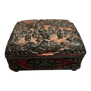 Antique Chinese Carved Wood Cinnabar Cloisonne Box - Picture 1 of 12