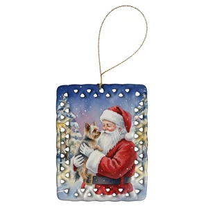 Caroline's Treasures Yorkie with Santa Claus Porcelain Ornament FNT1090CO2 - Picture 1 of 3