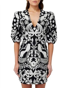 Thurley Enchanted Garden Black Lace Bird Mini Dress Puff Sleeve $699 Size 10 12 - Picture 1 of 12