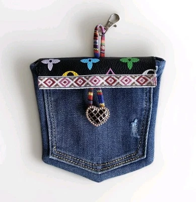 Reciclado Único Hecho a Mano Jeans Denim Cartera Portatarjetas Cartera Bolso Dije Clip  Foto 1 de 3