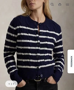 POLO RALPH LAUREN Striped Cable Knit Cashmere Blend Logo Cardigan - Picture 1 of 8