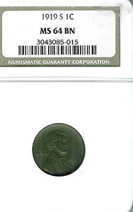 1919-S Lincoln Cent : NGC MS64BN - Picture 1 of 2