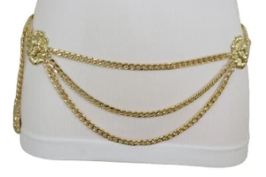 Women Silver Color Metal Chain Waistband Belt Side Lion Charm Wave Size S M - Picture 1 of 36