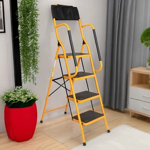 Folding Step Ladder - Portable, Yellow, 4-Step, Handrail, Anti-Slip Feet & Iron - Picture 1 of 24