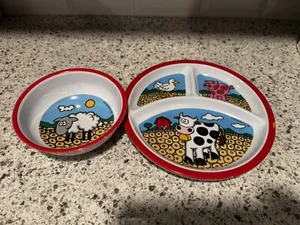 VTG Zak Farm Animals Mealtime Snack Plate &Bowl for Kids set of 2 (tote11) - Picture 1 of 8