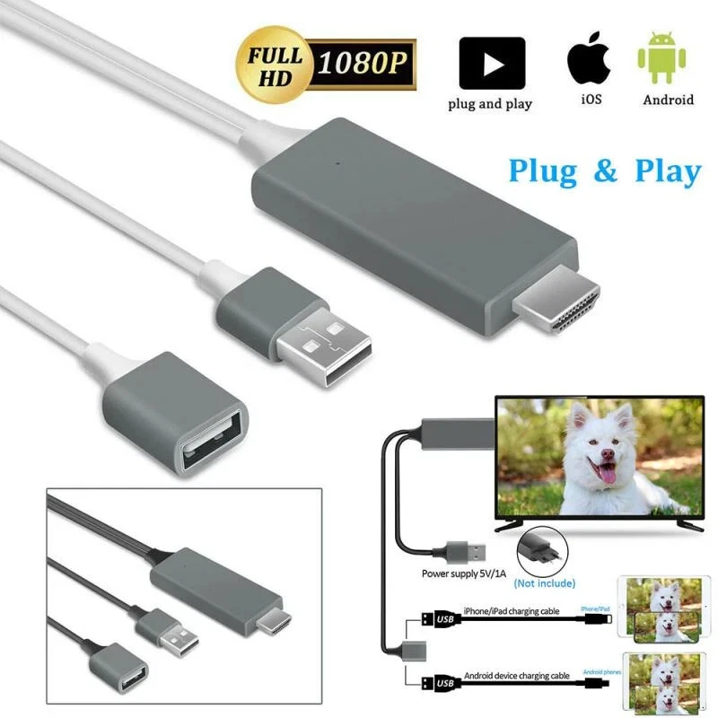 1080P HDMI Mirroring Cable Phone to AV TV HDTV Adapter For iPhone iPad Android - Image 1 of 4