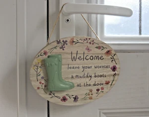 "WELCOME LEAVE YOUR WORRIES & MUDDY BOOTS AT THE DOOR" SIGN 3D BOOTS WOOD SIGN - Picture 1 of 3