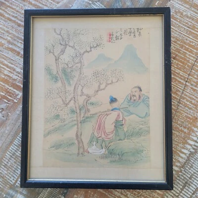 Antigua acuarela china sobre seda enmarcada 11" X 9,5" dinastía Quing tardía Foto 1 de 4