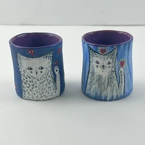 Jenny Mendes Studio Pottery Cat Cups Artisan Kitty Sippers Pair Handmade Art Set - Picture 1 of 13