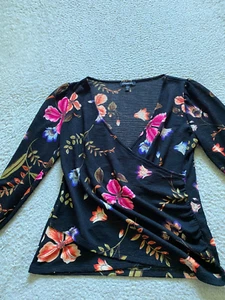 Express Women Floral Long Sleeve Wrap V-Neck Blouse Black Size S - Picture 1 of 12