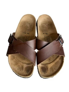 Birkis Cross-Strap Brown Leather Sandals Comfortable Cork Sole Slip-On Casual 7 - Picture 1 of 6