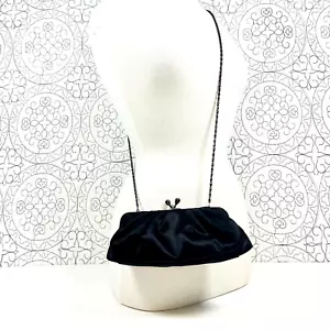 Jessica McClintock Black Satin Purse Chain Rhineston Kiss Lock Clutch Bag - Picture 1 of 9
