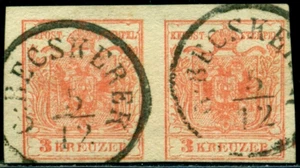 Austria 1850 Becskerek Cancel,Pair,Coat of Arms, 3 Krz, used - Picture 1 of 1