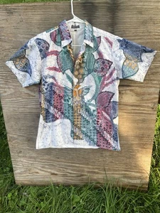 Batik Awe Button Up Shirt Men M Abstract Print Short Sleeve Cotton Indie - Picture 1 of 12