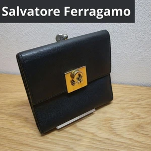 Salvatore Ferragamo Gancini Leather Bi-fold Compact Wallet Black 259 - Picture 1 of 17