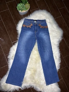Isabel Flare Wide Leg Blue Jeans mit Lederdetails Gr. 4P - Bild 1 von 8
