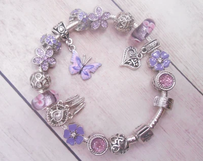 PULSERA PANDORA PLATA CON DIJES DE CRISTAL MARIPOSA PÚRPURA Y CAJA DE REGALO! Foto 1 de 4