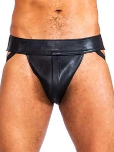 Raw Bondage Male Leather Jock Strap with Elastic Straps in Classic Black - Picture 1 of 4