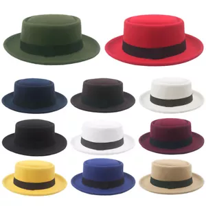 Imitation Woolen Hat Wool Pork Pie Boater Flat Top Felt Wide Brim Fashion Caps - Picture 1 of 26