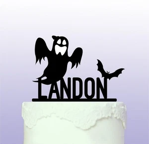 Ghost & Bat Acrylic Cake Topper that can be personalised - Halloween - Picture 1 of 2