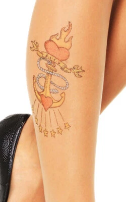 Nude Heart Tattoo Tights Pantyhose Leg Avenue Sailor Jerry Inspired - Image 1 of 2