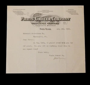 1916 BUSINESS LETTERHEAD PARIS GROCER CO TEXAS MEERSCHAUM MISSOURI TOBACCO - Picture 1 of 1