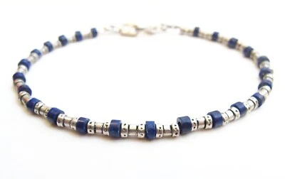 Pulsera de plata de ley 925 vintage cuentas lapislázuli cuentas hecha a mano para hombre Foto 1 de 3