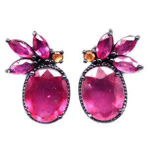 925 Sterling Silver 8 x 10 MM. Red Ruby & Yellow Sapphire Earrings - Picture 1 of 4