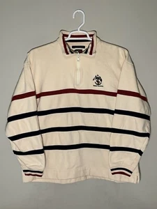 VTG Tommy Hilfiger Sweatshirt Sz L Off White Striped Crest Logo Half Zip Flag - Picture 1 of 5
